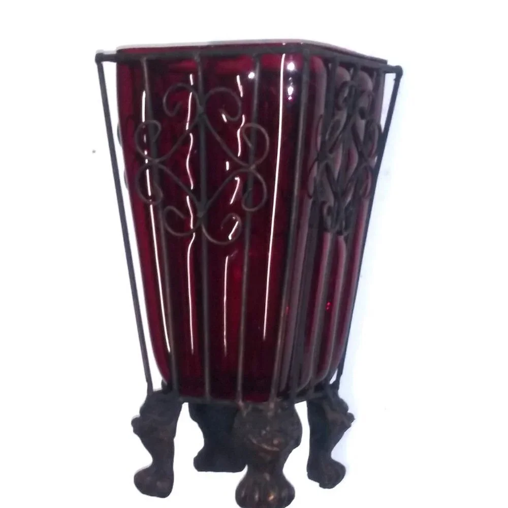 Vintage Vase Metal caged/imprisoned Bubbled RED Glass Footed Art glass vase EUC